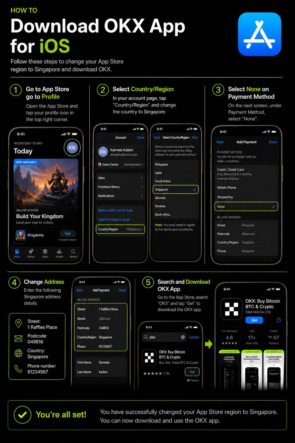 Infografik langkah mengganti region App Store ke Singapura dan mengunduh OKX