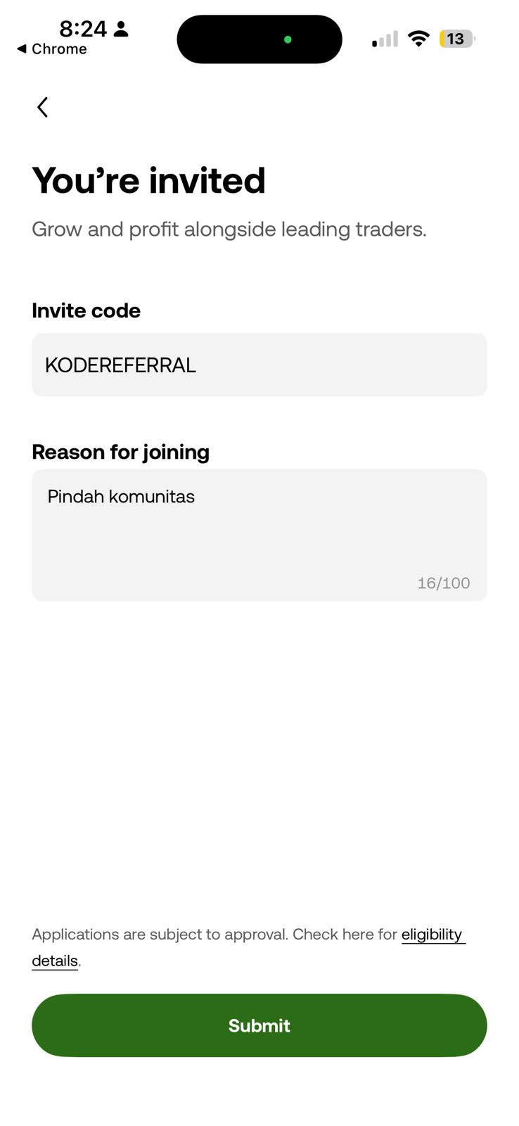 Contoh tampilan formulir pindah referral OKX dengan kolom invite code dan reason for joining